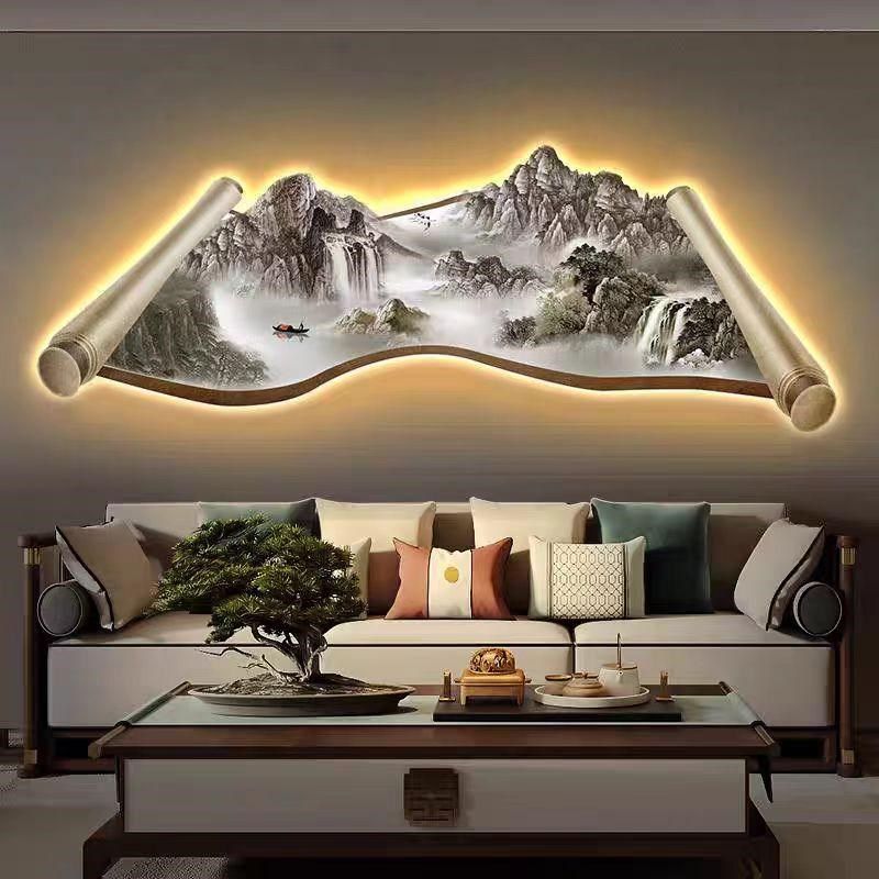 新中式客厅装饰画山水卷轴led灯D画沙发背景墙挂画办公室茶室壁画,淘宝优惠券,粉丝福利购,淘宝优惠卷