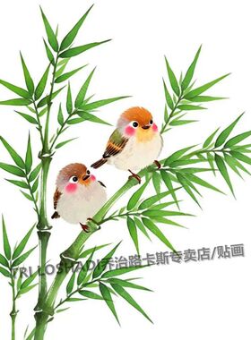 竹子上的小鸟艺术贴纸衣柜门窗装饰画防水自粘可爱贴墙步步高升
