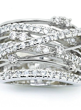 wish热卖新款微镶锆石戒指闪钻欧美创意女款交叉分色指环饰品