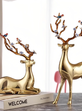 黄铜鹿摆件一对珐琅彩工艺礼品