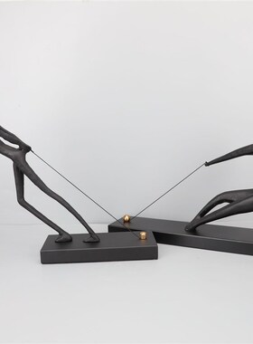 新中式黑色铸铁拉绳人摆件样板房售楼H部卧室书房客厅桌面玄关饰