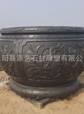 石雕荷花鱼缸青石门海花岗岩水池造景石缸P别墅庭院老石槽摆件