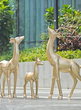 大型抽象仿铜色梅花鹿雕塑摆件会所售楼部玻璃钢室内景观装饰道具