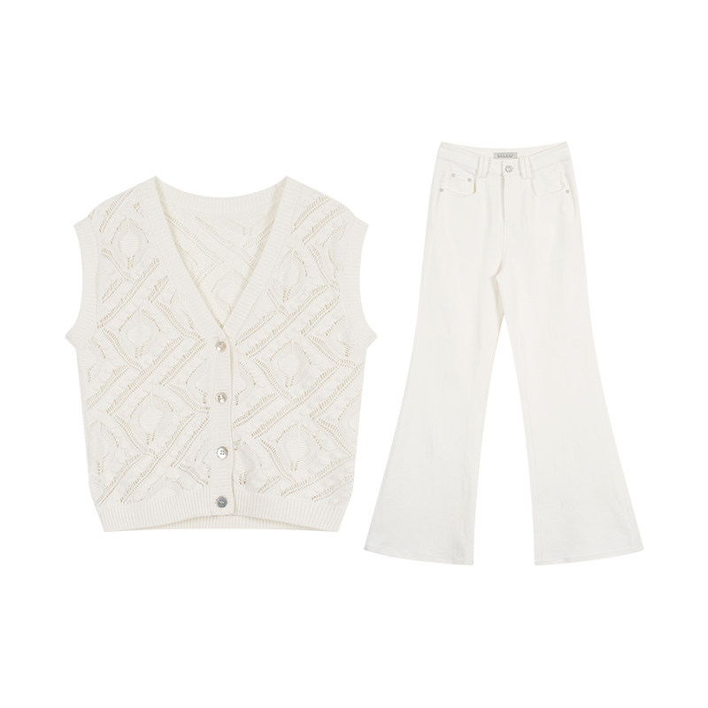 CUICUI崔崔【华清引】白色V领钩花镂空针织马甲背心阔腿长裤套装,淘宝优惠券,粉丝福利购,淘宝优惠卷