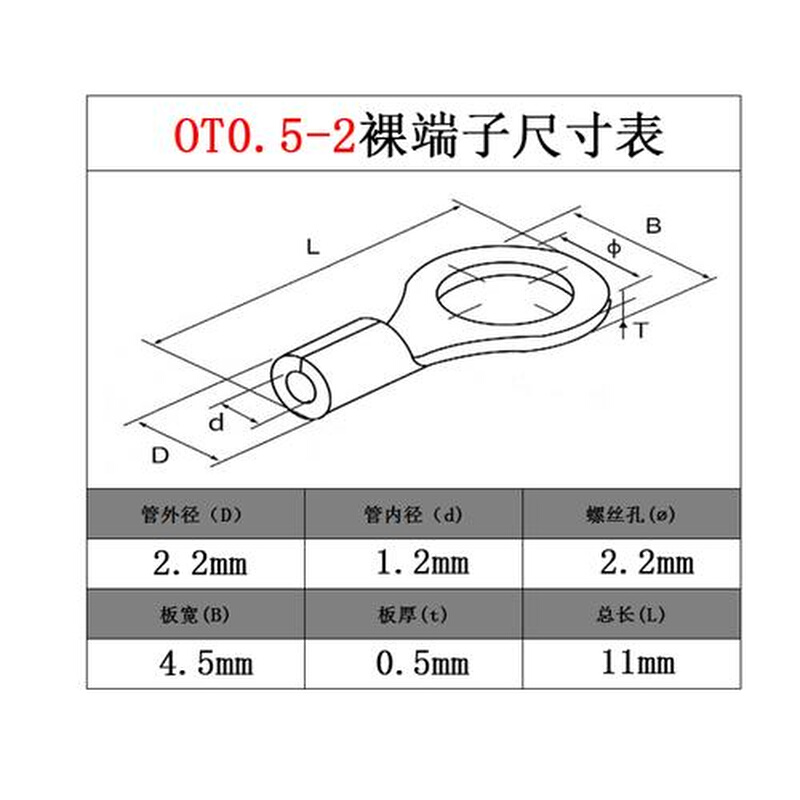OT0.5-2冷压接线端子 O型裸端头圆形铜线鼻子 2mm螺丝孔铜线耳-图1