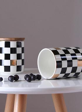 北欧几何格子密封罐带盖陶瓷储物罐子收纳盒咖啡花茶糖果罐摆件