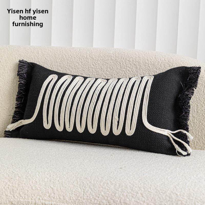一森现代侘寂风棉绳编织腰枕沙发靠枕靠垫黑色米色长条靠背简约,淘宝优惠券,粉丝福利购,淘宝优惠卷