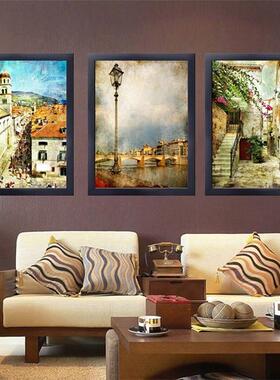 欧式风景客厅装饰画玄关沙发挂画宾馆走廊田园有框画三联墙面壁画
