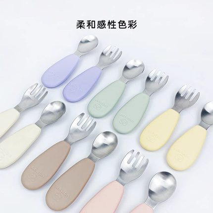 ubmom不锈钢叉勺宝宝自主进食学吃饭专用训练勺儿童餐具勺子套装