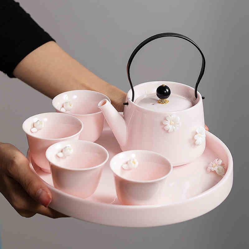 一品仟堂女士2024新款茶具粉色套装家用陶瓷提梁壶下午茶茶壶茶杯-图0