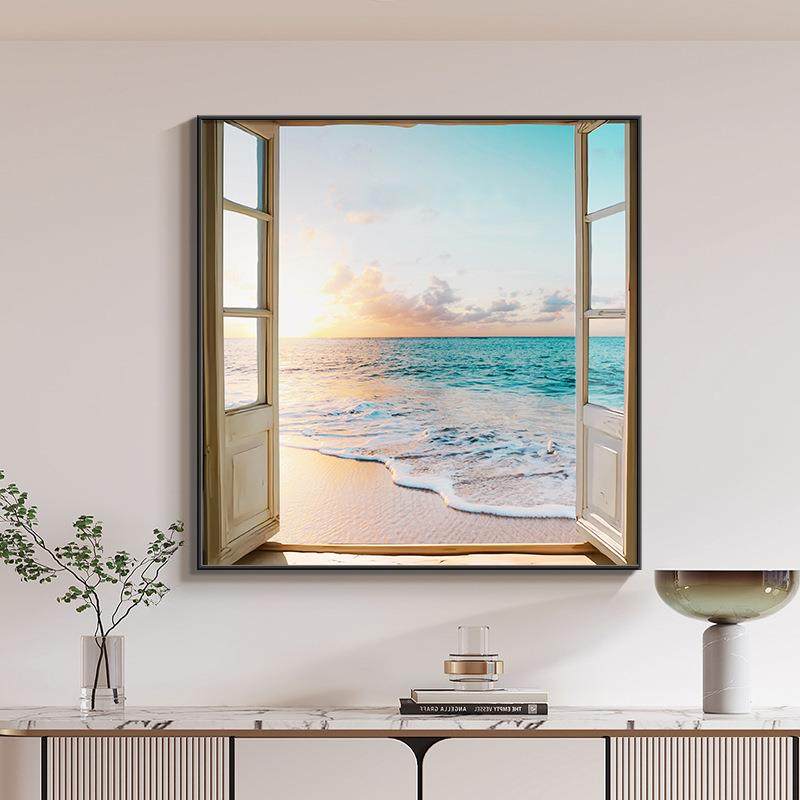 北欧风景餐厅高级感装饰画窗外大海景色正方形玄关柜挂画饭厅壁画,淘宝优惠券,粉丝福利购,淘宝优惠卷