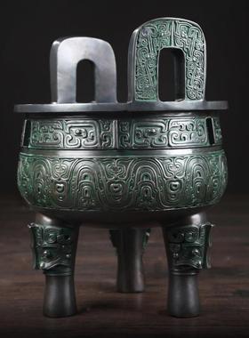 青铜器纯铜三足大克鼎铜聚宝盆家具摆件中式博古架红酒架仿古做旧