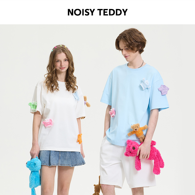 NOISY TEDDY男女同款25夏新款时尚潮流设计可爱熊圆领短袖T恤衫童 - 图1