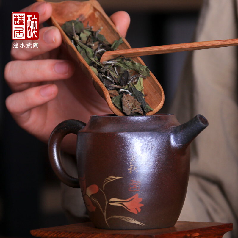 建水紫陶壶复古柴烧壶泡茶壶功夫茶壶普洱茶壶/彩填柴烧壶 W33 - 图1