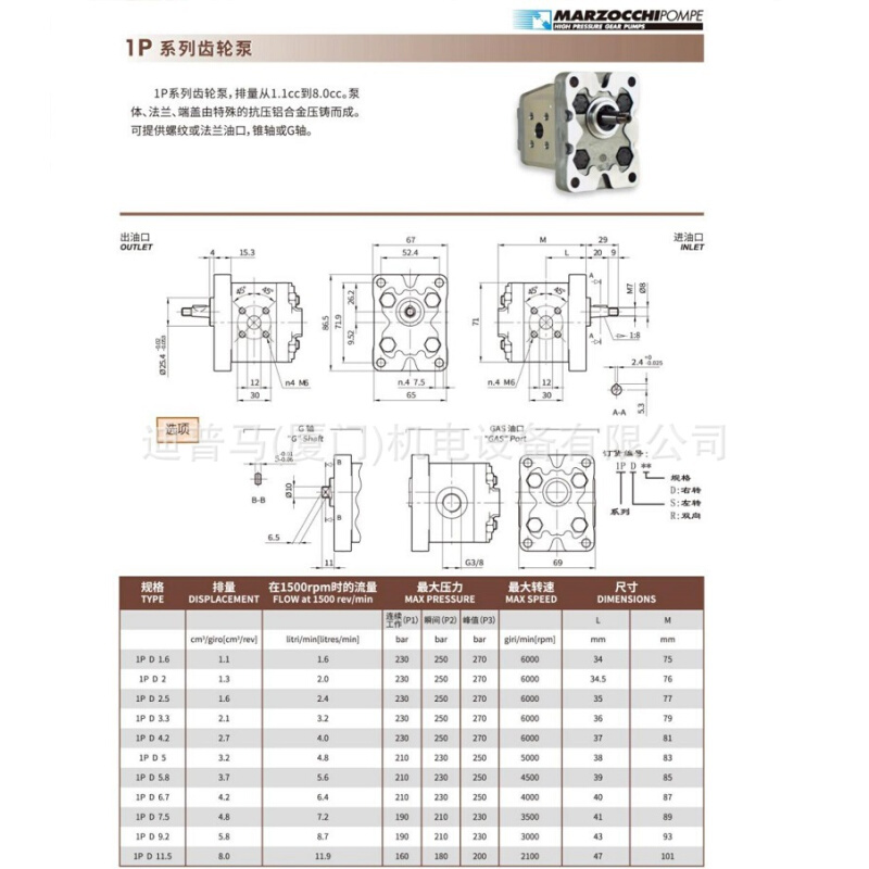 marzocchi意大利马祖奇齿轮泵1PD1.6  1PD2.5 1PD3.3 1PD4.2GAS - 图1