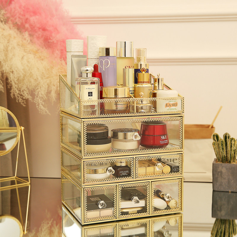 桌面化妆品收纳盒欧式梳妆台整理盒抽屉透明O玻璃化妆盒金属置物,淘宝优惠券,粉丝福利购,淘宝优惠卷