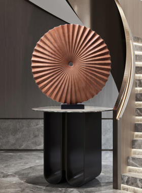 圆形实木雕塑艺术玄关装饰品x样板间软装客厅落地摆件酒店大堂摆