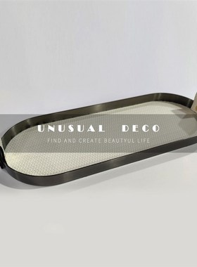 简约轻奢椭圆形马毛皮革托盘摆件C样板间售楼处客厅洽谈室软装饰