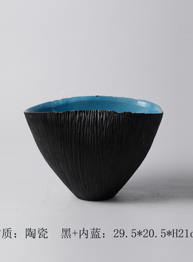 现代简约黑色陶瓷大口花盆花器摆B件样板间售楼部酒店客厅花瓶装