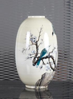 新中式创意手工彩绘山雀鸟陶瓷花瓶摆件样板房间家居餐桌花器摆设
