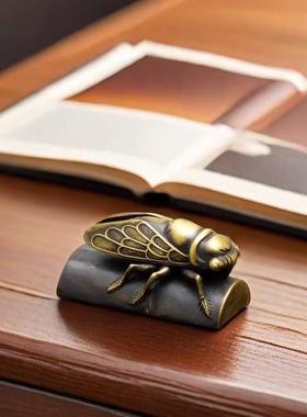 纯铜知了镇纸摆件一鸣惊人黄铜镇纸书法专用书房桌面压纸复古铜器