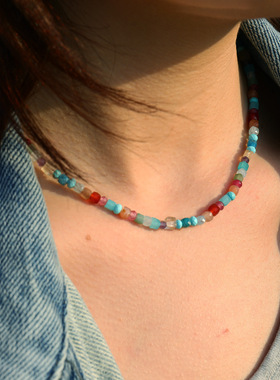 自由天然石白鹿同款彩色串珠项链女春夏多巴胺穿搭时尚百搭锁骨