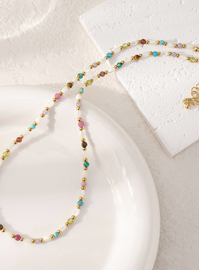 波西米亚民族风多彩天然石手工串珠项链森系小众多巴胺珍珠锁骨