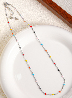 小红书爆款不锈钢滴油彩色豆豆链条项链ins简约时尚百搭锁骨链女