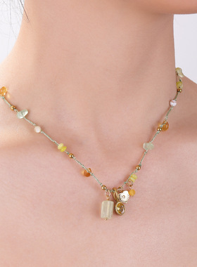 夏日风情海滩项链渐变黄绿天然石头项链多元素吊坠波西米亚锁骨