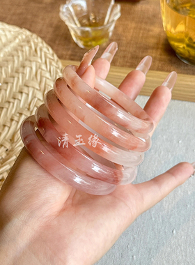 清玉缘纯天然桃花酿粉色玉镯女款高冰透樱花粉圆条金丝玉手镯正品