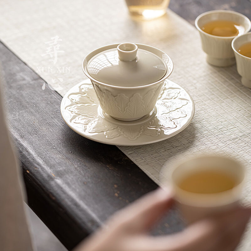 寻心定窑白大业有成三才盖碗家用茶桌泡茶杯不烫手茶碗单个喝茶碗-图3