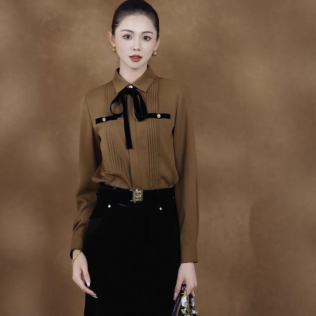 【现货】NOTHING WRITTEN杨紫同款法式塔克褶衬衫女优雅领带上衣 - 图0