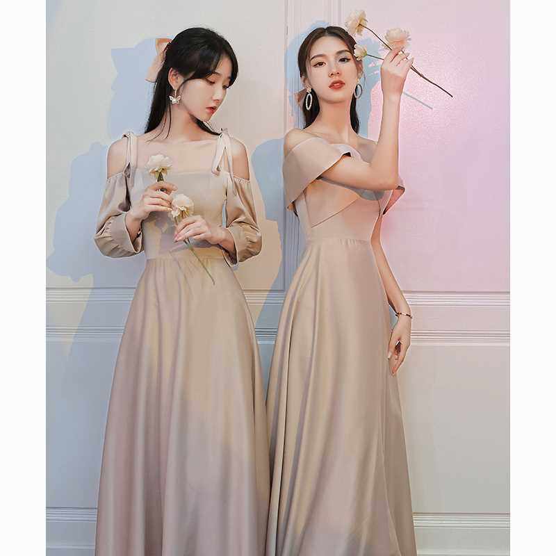 伴娘服2024新款姐妹团长裙平时可穿高级小众大码缎面礼服女秋冬季