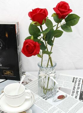 跨境仿真鲜花玫瑰婚庆卧室客厅餐桌摆花瀑布玫瑰枝仿生花艺摆件