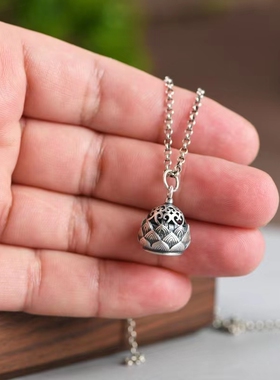 莲花镂空女925纯银复古做旧吊坠