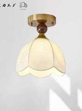 中古风入户灯法式复古简约玄关走廊过道灯衣帽间阳台实木布艺灯具