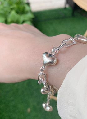 韩版S925银双爱心手链女复古时尚气质U型马蹄扣手环创意手饰品潮