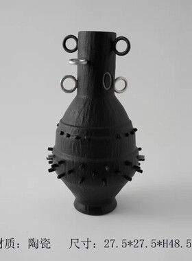 景德镇侘寂风陶瓷茶室花瓶黑色书房手工花器民宿中古软装饰品摆件