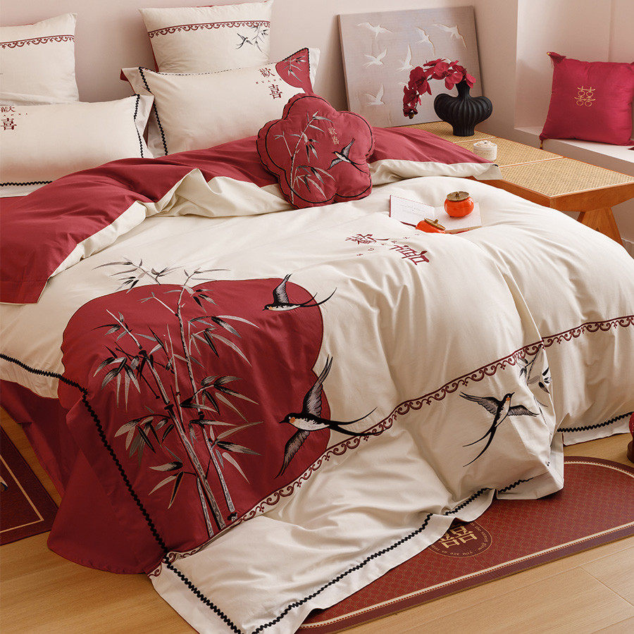 新中式欢喜婚庆四件套全棉100支长绒棉刺绣红色结婚被套床单床笠,淘宝优惠券,粉丝福利购,淘宝优惠卷