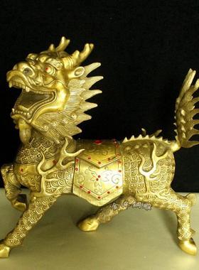 纯黄铜火焰麒麟摆件纳福麒麟金属客厅家居装饰工艺品