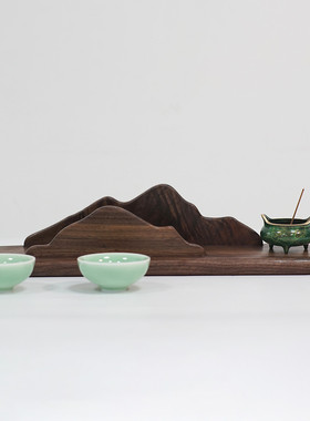 新中式黑胡桃木摆件茶室茶托实木山壁挂置物架茶具千里江山摆设