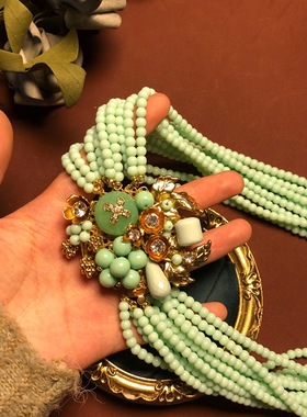 中古风 vintage饰品项链手工编织重工多层琉璃珠毛衣链法式高级感