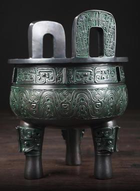 青铜器纯铜三足大克鼎铜聚宝盆家具摆件中式博古架红酒架仿古做旧