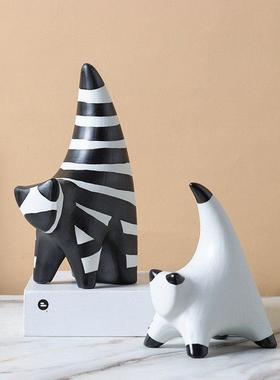 欧式简约黑白条纹猫艺术摆件玄关电视柜样板间客厅茶几家居装饰品