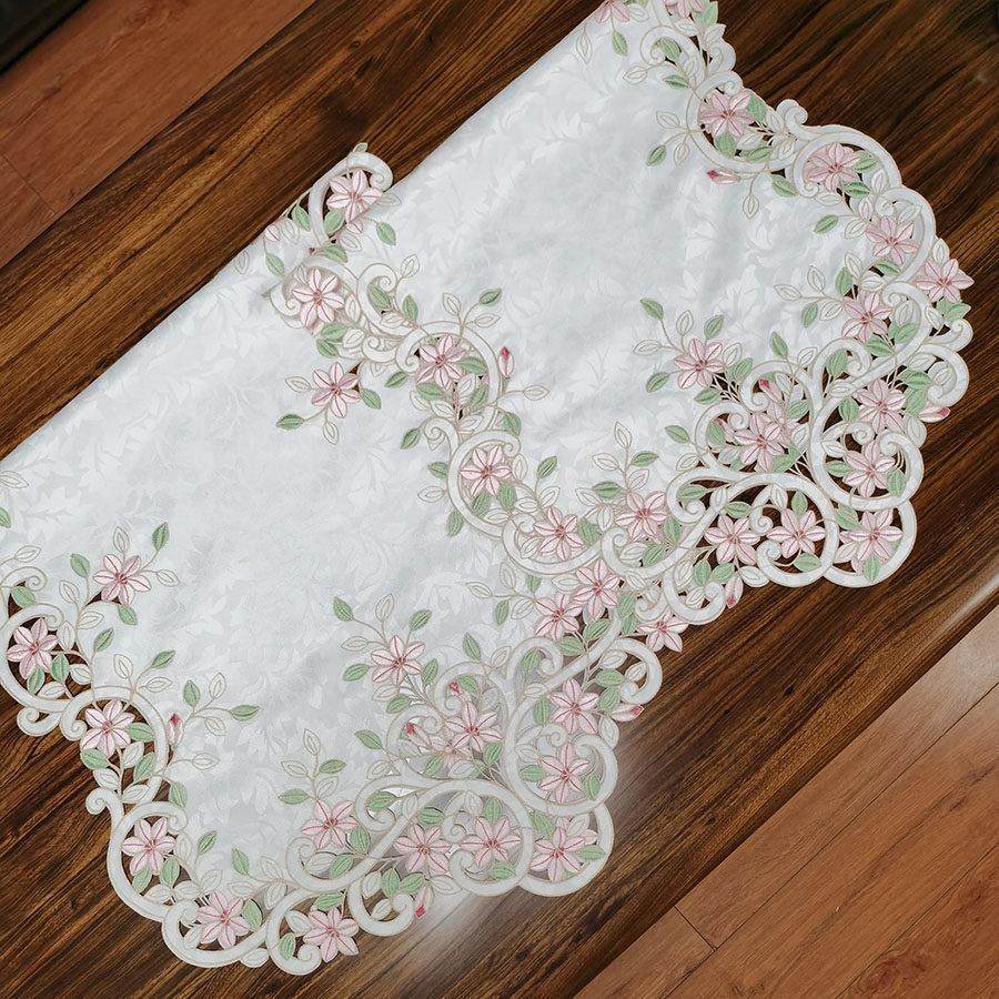 中式欧式布艺绣花粉色百合桌布茶几巾国潮桌旗桌垫镂空盖巾茶几旗,淘宝优惠券,粉丝福利购,淘宝优惠卷