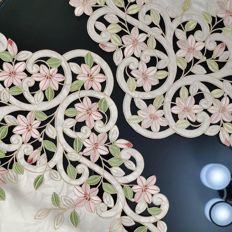 中式欧式布艺绣花粉色百合桌布茶几巾国潮桌旗桌垫镂空盖巾茶几旗,淘宝优惠券,粉丝福利购,淘宝优惠卷