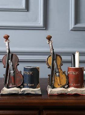 北欧复古小提琴收纳笔筒创意书桌面个性装饰品摆件书房办公室笔桶