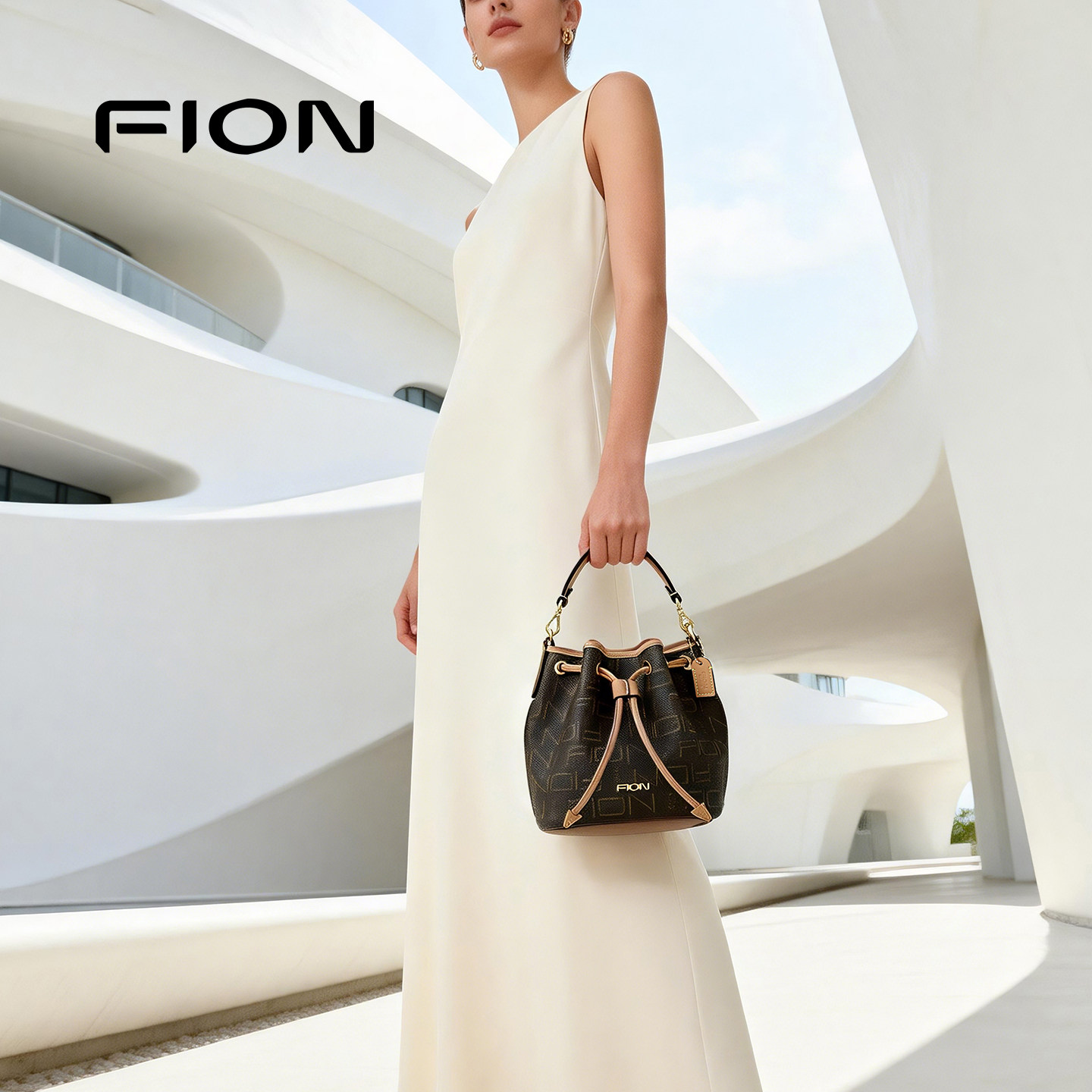 Fion/菲安妮抽绳水桶包女新款老花单肩斜挎手提包时尚简约小拎包,淘宝优惠券,粉丝福利购,淘宝优惠卷