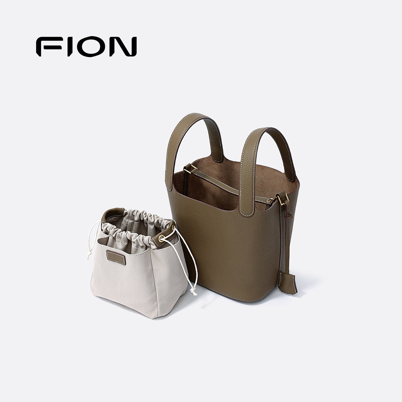 Fion/菲安妮真皮水桶包2024新款通勤菜篮子包女士高级感手提包包