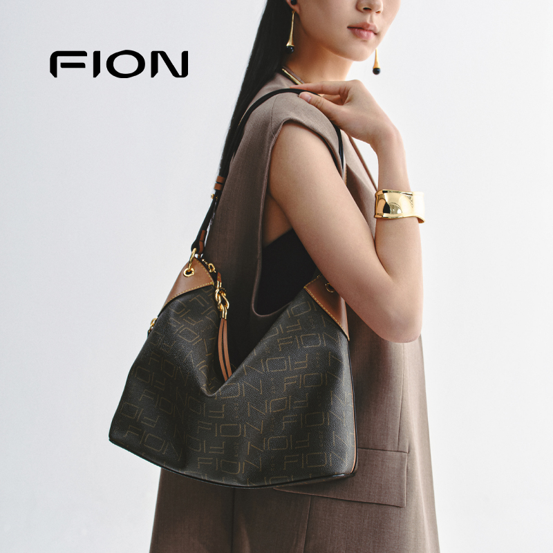 Fion/菲安妮老花托特包2024新款大容量女包包通勤复古单肩斜挎包